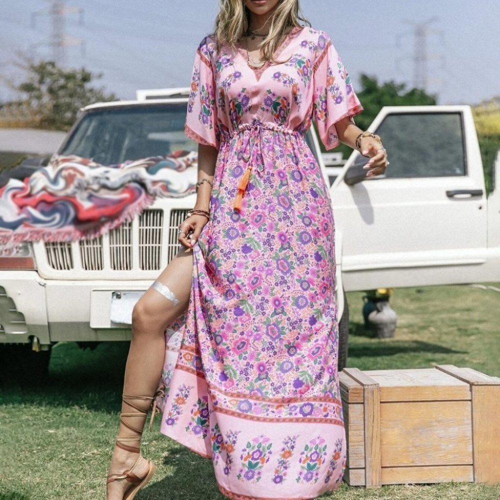 Floral Trumpet Sleeve Split Thigh Drawstring Waist Maxi Dress - Picture 3 of 9